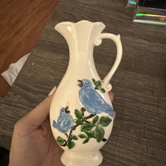 SOLD Bud Vase Pitcher Blue Birds 6" Tall Signed Vintage 1982 Hand Painted Office - Picture 8 of 10